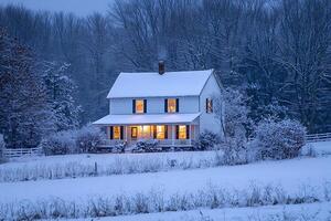 Cozy Snow-Covered Farmhouse at Dusk. A picturesque winter scene of a charming house illuminated from within. photo