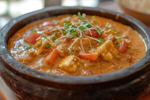 Close-up of Delicious Paneer Tikka Masala in a Clay Pot. photo