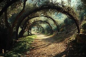 Sunlit Path Through Arching Olive Trees A Serene Nature Scene. photo