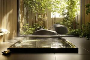 Serene Indoor Spa with Bamboo Garden and Tranquil Water Feature. photo