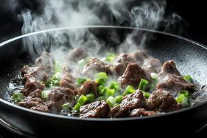 Steaming Hot Beef Stir Fry in a Pan. A close-up image of delicious beef cubes and green onions cooking in a skillet. photo