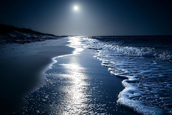 Serene Moonlight Beachscape Tranquil Ocean Waves at Night