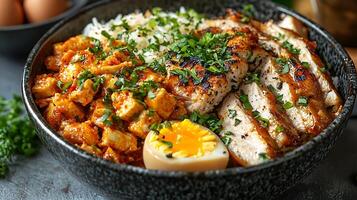 Delicious Chicken and Rice Bowl with Spicy Tofu and Soft Boiled Egg. A close up image of a flavorful and healthy meal. photo
