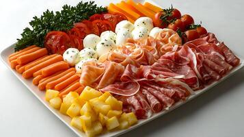 Delicious Italian Antipasto Platter with Prosciutto, Mozzarella, and Vegetables. photo