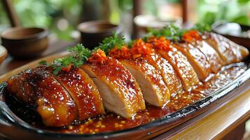 Close Up of Glazed Chicken Slices on a Serving Platter. A Delicious Dish Ready to Serve. photo
