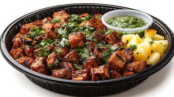 Grilled Chicken with Pineapple and Cilantro-Lime Sauce in a Takeout Container. photo
