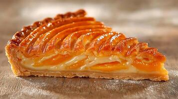 A Close Up of a Delicious Slice of Peach Tart on a Wooden Surface. photo