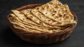 A Basket of Warm, Homemade Flatbreads. A close up image showing freshly baked naan bread in a rustic wicker basket. photo