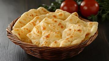 Golden Brown Naan Bread in a Rustic Basket, Close Up Food Photography. photo