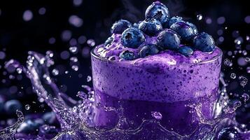 Close up of a vibrant purple blueberry smoothie with fresh blueberries and a water splash. photo