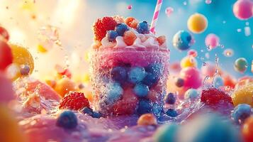Refreshing Berry Smoothie Splash A vibrant close up of a fruit smoothie with raspberries, blueberries, and whipped cream, surrounded by colorful water droplets. photo