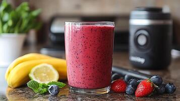 Delicious Berry Smoothie in a Glass with Fresh Fruit and Blender in Background. photo