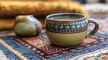A steaming cup of tea in a handcrafted mug rests on an ornate rug. photo