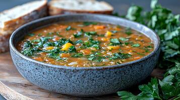 Close Up of a Bowl of Lentil Soup with Fresh Parsley and Crusty Bread. photo