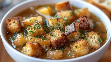 Close Up of French Onion Soup with Toasted Croutons. photo