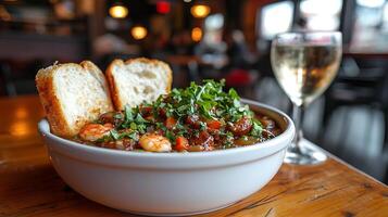 Delicious Seafood Stew with Crusty Bread in a Rustic Setting. photo