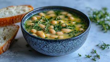 Creamy White Bean Soup with Thyme in a Rustic Bowl and Crusty Bread. photo