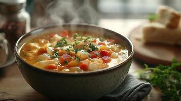 Steaming Bowl of Chicken and Vegetable Soup A Close Up Culinary Image. photo