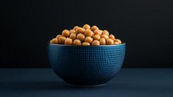 A Bowl of Cooked Chickpeas on a Dark Background. A close up image of a healthy and nutritious legume. photo