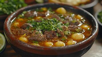 Close up of a delicious and hearty beef stew in a rustic bowl, garnished with fresh herbs. photo