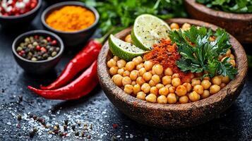 Close Up of a Bowl of Chickpeas with Spices, Lime, and Parsley. A vibrant food photography image perfect for culinary blogs and recipe websites. photo