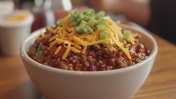A Bowl of Chili Close Up of Hearty Beef Chili Topped with Cheese and Green Onions. photo