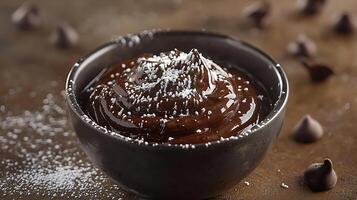 Close up of rich chocolate pudding in a dark bowl, dusted with powdered sugar, alongside chocolate chips. photo