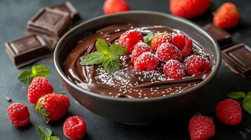 Delicious Chocolate Dessert with Fresh Raspberries and Mint. A close up image of a rich chocolate mousse topped with sugared raspberries and a sprig of mint. photo