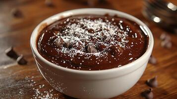 Delicious Chocolate Dessert in a White Bowl Close Up of Creamy Chocolate Pudding with Chocolate Chips and Powdered Sugar. photo