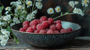 Fresh Raspberries in a Rustic Bowl with Daisies. A close up image of a bowl filled with ripe raspberries, accented by delicate white daisies. photo