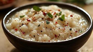 Close Up of Creamy Mashed Potatoes with Herbs and Spices in a Rustic Bowl. photo