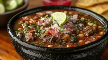 Close up of a Delicious Bowl of Spicy Beef and Bean Stew, Garnished with Lime and Onions. photo