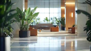 Tranquil Modern Lobby with Lush Greenery and Sunlit Interior. A serene and stylish image showcasing a contemporary building's interior design. photo