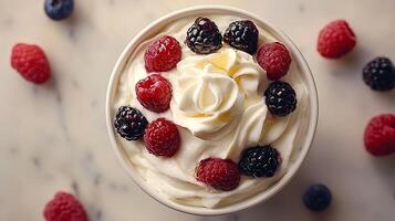 Delicious Yogurt Parfait with Raspberries and Blackberries. A close up overhead shot of creamy yogurt topped with fresh berries and a drizzle of honey. photo