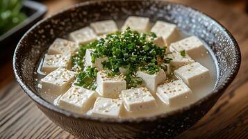 Close up of Silken Tofu in Broth, Garnished with Green Onions and Sesame Seeds. photo