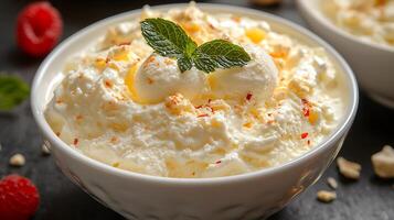 Close Up of Creamy White Ice Cream with Raspberry and Meringue Topping in a Bowl. photo