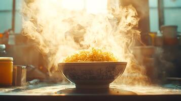 Steaming Bowl of Noodles A Culinary Close Up. A warm and inviting image of freshly cooked noodles emitting steam in a rustic kitchen setting. photo