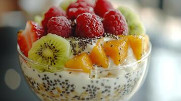 Delicious Parfait with Raspberries, Kiwi, Mango, and Chia Seeds. A close up image of a healthy and vibrant fruit parfait. photo