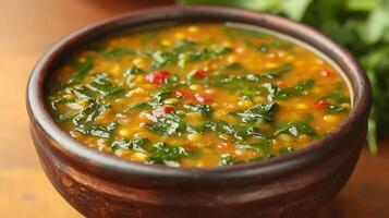 Close up of a hearty and flavorful lentil soup in a rustic bowl. photo
