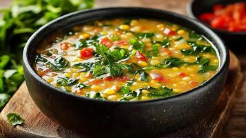 Close up of a Delicious and Hearty Corn and Spinach Soup in a Rustic Bowl. photo