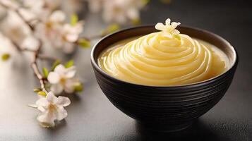 Creamy Yellow Dessert in a Black Bowl with Spring Blossoms. A close up image showcasing a luxurious and elegant culinary creation. photo