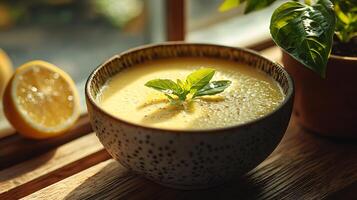 Creamy Lemon Soup in Rustic Bowl, Garnished with Basil. A close up photograph of a delicious and healthy meal. photo