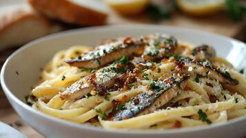 Close Up of Delicious Pasta with Sardines, Garlic, and Parmesan Cheese. photo