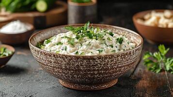 Creamy Cucumber and Yogurt Dip in a Rustic Bowl. A close up photo of a refreshing appetizer or side dish.