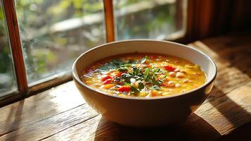 Hearty Bean Soup in a Bowl by a Sunny Window. A close up of a delicious and healthy autumnal soup. photo