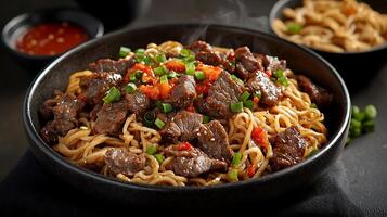 Delicious Beef and Noodles Stir-Fry in a Black Bowl. A close up image of a flavorful Asian-inspired dish. photo