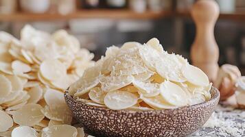 Close Up of White Chocolate Discs with Shredded Coconut in a Bowl. photo