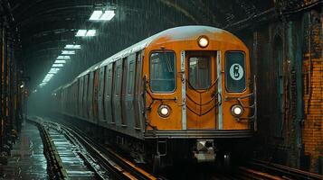 Subway Train Arriving in a Rain-Soaked Tunnel. A close up view of a vintage subway car entering a dark, wet station. photo