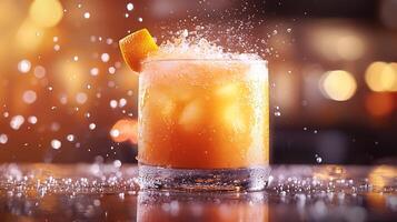 Refreshing Orange Cocktail with Ice, Close Up View, Sparkling Water Drops. photo