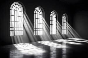 Sunlight Streaming Through Arched Windows in Dark Interior for Architecture Design photo